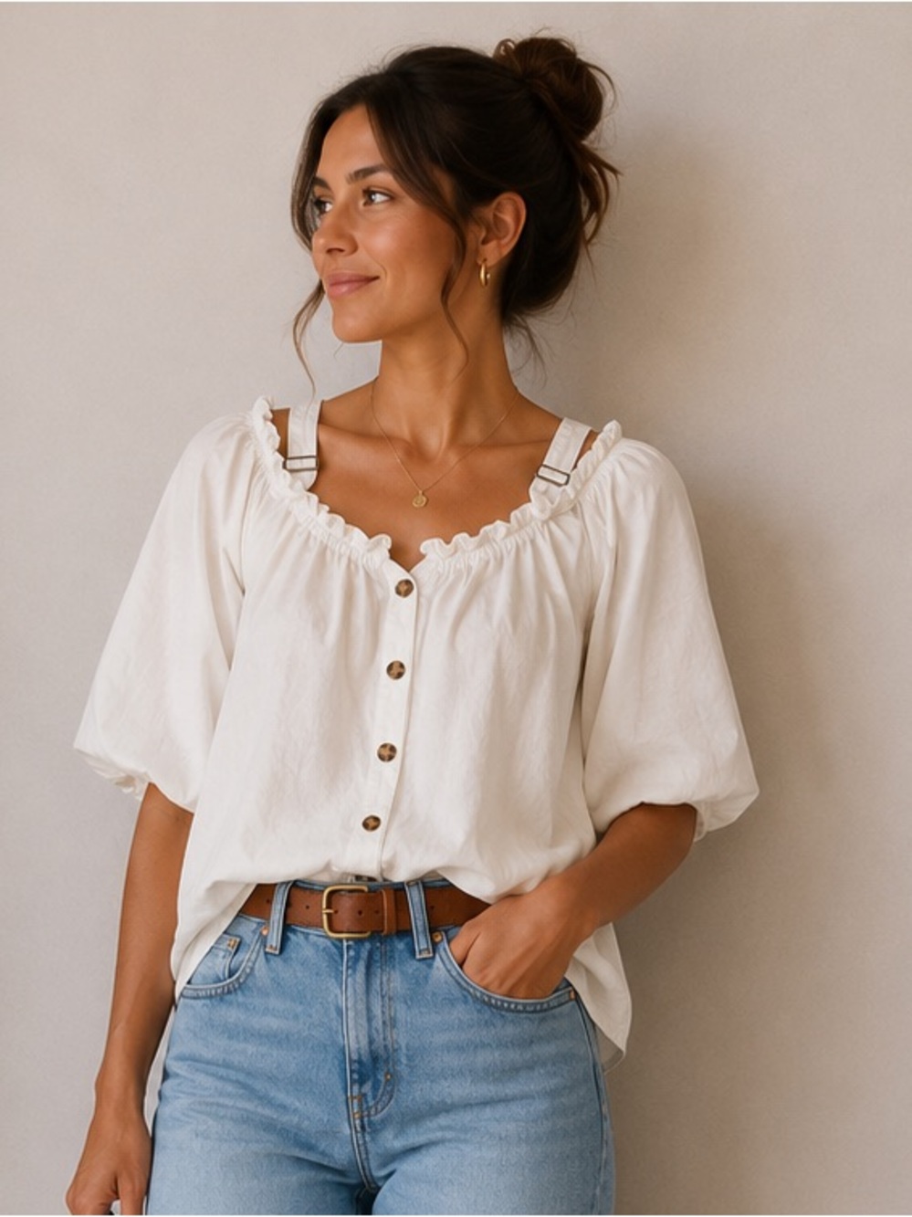 White Off-Shoulder Button-Front Peasant Blouse